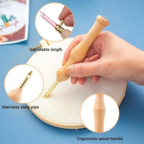 18 Piece Punch Needle Embroidery Kits, Adjustable Punch Needle Tool Wooden Handle Embroidery Pen Big Eye Needles with Needle Threader for Beginners DIY Craft Stitching in Kuwait