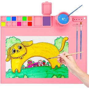 بساط طلاء من السيليكون - بساط فني من السيليكون مقاس 19.7 × 15.7 بوصة مع كوب ماء واحد للأطفال - بساط مصنوع من السيليكون يحتوي على 12 فواصل ألوان - 2 فواصل طلاء (وردي) in Kuwait