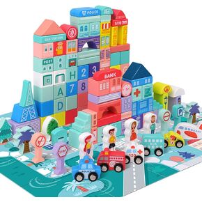 مكعبات بناء XIAPIA خشبية، مكعبات بناء المدينة مع خريطة، ألعاب تعليمية لمرحلة ما قبل المدرسة لعمر 3 سنوات فما فوق، مجموعة مكعبات بناء خشبية للهدايا للأولاد والبنات in Kuwait