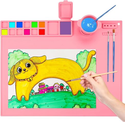 بساط طلاء من السيليكون - بساط فني من السيليكون مقاس 19.7 × 15.7 بوصة مع كوب ماء واحد للأطفال - بساط مصنوع من السيليكون يحتوي على 12 فواصل ألوان - 2 فواصل طلاء (وردي) in Kuwait