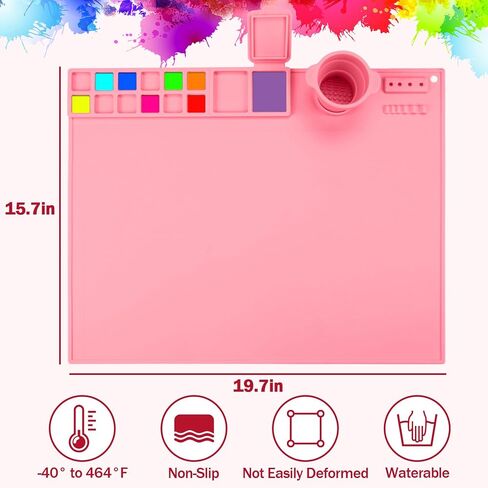 بساط طلاء من السيليكون - بساط فني من السيليكون مقاس 19.7 × 15.7 بوصة مع كوب ماء واحد للأطفال - بساط مصنوع من السيليكون يحتوي على 12 فواصل ألوان - 2 فواصل طلاء (وردي) in Kuwait
