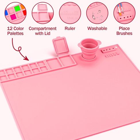 بساط طلاء من السيليكون - بساط فني من السيليكون مقاس 19.7 × 15.7 بوصة مع كوب ماء واحد للأطفال - بساط مصنوع من السيليكون يحتوي على 12 فواصل ألوان - 2 فواصل طلاء (وردي) in Kuwait