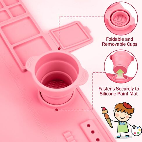 بساط طلاء من السيليكون - بساط فني من السيليكون مقاس 19.7 × 15.7 بوصة مع كوب ماء واحد للأطفال - بساط مصنوع من السيليكون يحتوي على 12 فواصل ألوان - 2 فواصل طلاء (وردي) in Kuwait