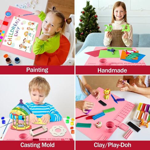 بساط طلاء من السيليكون - بساط فني من السيليكون مقاس 19.7 × 15.7 بوصة مع كوب ماء واحد للأطفال - بساط مصنوع من السيليكون يحتوي على 12 فواصل ألوان - 2 فواصل طلاء (وردي) in Kuwait