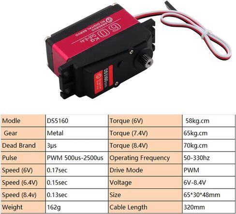 RCmall 60KG DS5160 SSG HV Digital Servo, 270 Degree Waterproof Full Metal High Torque RC Servo for 1/5 Scale HPI Baja 5B SS RC Crawler Robotic Arm Truck (1Piece) in Saudi Arabia