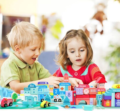 مكعبات بناء XIAPIA خشبية، مكعبات بناء المدينة مع خريطة، ألعاب تعليمية لمرحلة ما قبل المدرسة لعمر 3 سنوات فما فوق، مجموعة مكعبات بناء خشبية للهدايا للأولاد والبنات in Kuwait