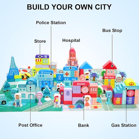 مكعبات بناء XIAPIA خشبية، مكعبات بناء المدينة مع خريطة، ألعاب تعليمية لمرحلة ما قبل المدرسة لعمر 3 سنوات فما فوق، مجموعة مكعبات بناء خشبية للهدايا للأولاد والبنات in Kuwait