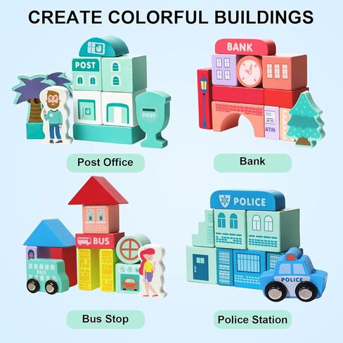 مكعبات بناء XIAPIA خشبية، مكعبات بناء المدينة مع خريطة، ألعاب تعليمية لمرحلة ما قبل المدرسة لعمر 3 سنوات فما فوق، مجموعة مكعبات بناء خشبية للهدايا للأولاد والبنات in Kuwait