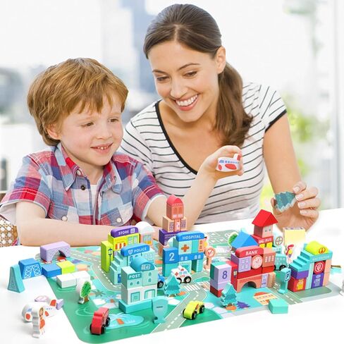 مكعبات بناء XIAPIA خشبية، مكعبات بناء المدينة مع خريطة، ألعاب تعليمية لمرحلة ما قبل المدرسة لعمر 3 سنوات فما فوق، مجموعة مكعبات بناء خشبية للهدايا للأولاد والبنات in Kuwait