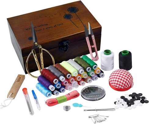 Sewing Kit, Wooden Sewing Kit Box for Adults, Wooden Sewing Basket with Accessories, Home Sewing Basket Stitching Repair Kit for Beginner, Women, Men,Vintage Embroidery Scissors Kit (Retro Brown) in Saudi Arabia