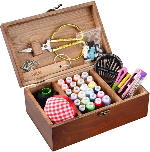 Sewing Kit, Wooden Sewing Kit Box for Adults, Wooden Sewing Basket with Accessories, Home Sewing Basket Stitching Repair Kit for Beginner, Women, Men,Vintage Embroidery Scissors Kit (Retro Brown) in Saudi Arabia