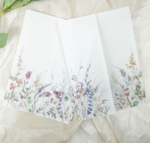 Puremigo 50 Pack Pre-Folded Vellum Jackets for 5x7 Invitations - White Flower - 115GSM Vellum Paper 5x7 Jackets - Wedding Invitations Wraps - Transparent Wedding in Kuwait