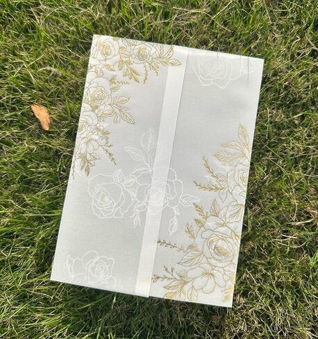 Puremigo 50 Pack Pre-Folded Vellum Jackets for 5x7 Invitations - White Flower - 115GSM Vellum Paper 5x7 Jackets - Wedding Invitations Wraps - Transparent Wedding in Kuwait