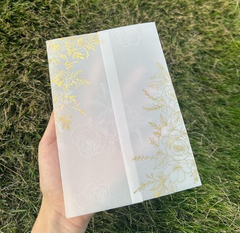 Puremigo 50 Pack Pre-Folded Vellum Jackets for 5x7 Invitations - White Flower - 115GSM Vellum Paper 5x7 Jackets - Wedding Invitations Wraps - Transparent Wedding in Kuwait