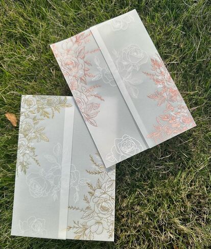 Puremigo 50 Pack Pre-Folded Vellum Jackets for 5x7 Invitations - White Flower - 115GSM Vellum Paper 5x7 Jackets - Wedding Invitations Wraps - Transparent Wedding in Kuwait