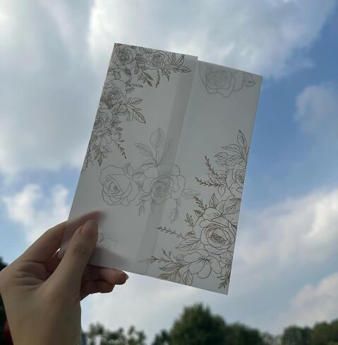 Puremigo 50 Pack Pre-Folded Vellum Jackets for 5x7 Invitations - White Flower - 115GSM Vellum Paper 5x7 Jackets - Wedding Invitations Wraps - Transparent Wedding in Kuwait