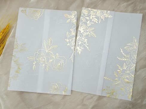 Puremigo 50 Pack Pre-Folded Vellum Jackets for 5x7 Invitations - White Flower - 115GSM Vellum Paper 5x7 Jackets - Wedding Invitations Wraps - Transparent Wedding in Kuwait