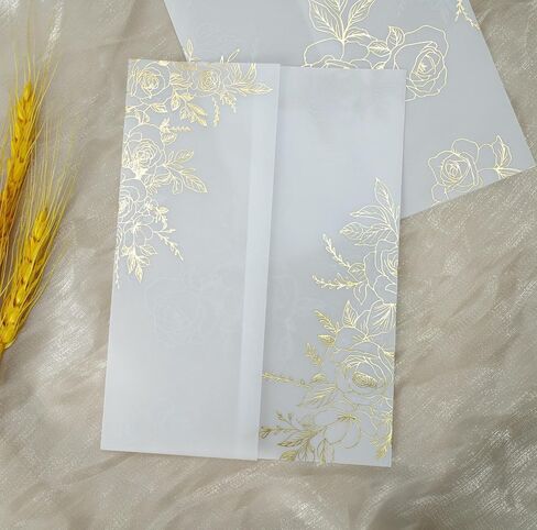 Puremigo 50 Pack Pre-Folded Vellum Jackets for 5x7 Invitations - White Flower - 115GSM Vellum Paper 5x7 Jackets - Wedding Invitations Wraps - Transparent Wedding in Kuwait