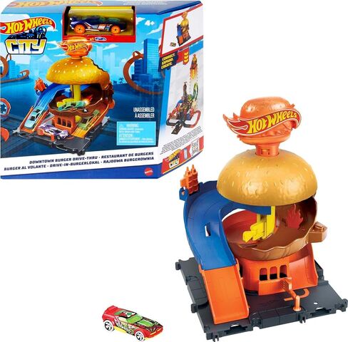 Hot Wheels Toy Car Track Set, City Burger Drive-Thru Playset & 1:64 Scale Car, Connects to Other Sets & Tracks in Saudi Arabia