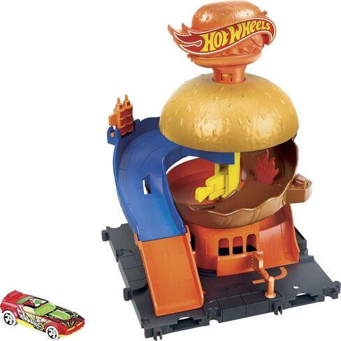 Hot Wheels Toy Car Track Set, City Burger Drive-Thru Playset & 1:64 Scale Car, Connects to Other Sets & Tracks in Saudi Arabia