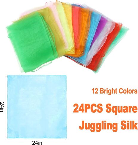 KIMOBER 24PCS Square Dance Scarves,12 Colors Juggling Silk Magic Tricks Music Movement Scarf Props for Kids Toddlers Children(24in × 24 Inches) in Kuwait