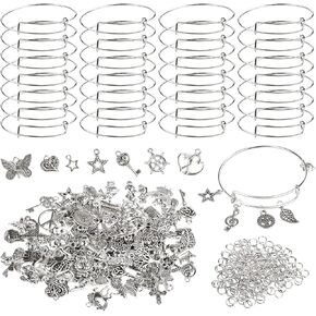 UPINS 30Pcs Silver Expandable Blank Bracelets Adjustable Wire Bangles with 100Pcs Tibetan Silver Charms, 200Pcs Open Jump Rings for Jewelry Making (Multicolor) in Kuwait