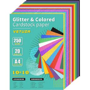 VETUZA 20 Sheets Glitter&Colored Cardstock Paper - 92lb./250GSM Cover, A4 Mixed Colored Craft Cardstock for School DIY Project, Birthday Card Making, Thanksgiving Gift Box Wrapping in Kuwait