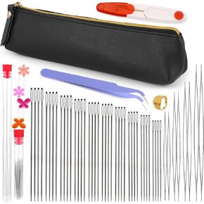 58 PCS Beading Needles Set for Jewelry Making Includes Long Straight Beading Thread Needles, Big Eye Beading Needles, Yarn Scissors, Threader, Tweezers, Thimble for Bracelets and Jewelry Making(Pink）