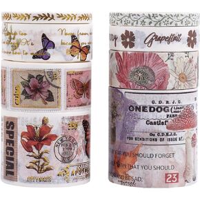 RISYPISY Vintage Washi Tape Set, 8 Rolls Narrow Wide Japanese Masking Tapes Gold Foil Butterfly Nostalgic Object Film Decorative Tape Stickers for Art Journal Scrapbooking Supplies(Film)