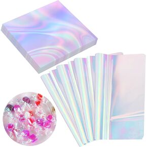 Prudiut 150 Pieces Cellophane Sheets Iridescent Cellophane Wrap Cellophane Gift Wrap for Iridescent Film Crafts Decoration Holographic Candy Wraps (9 x 9 Inch)