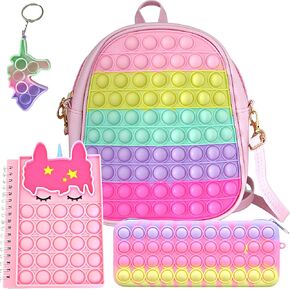 JAZD Pop Fidget Backpack for Girls with Pop It Notebook, Pencil Case, Keychain - Purse Set - Toy Bag - Pop School Supplies - Pop Its Party Favor - Unicorn Birthday Gift (Rainbow)