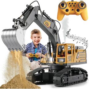KASQERT Remote Control Excavator Toys for Boys,14 Channel 1:14 RC Digger Construction Toys Tractor,Simulated Smoke, Sound, Lighting, Metal Digging Head, for Boys 3 4 5 6 7 8 9 10