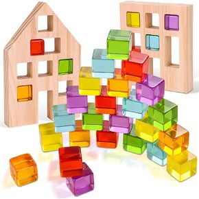 Rainbow Building Blocks for Kids, 3D Spatial Projection Game with 16 PCS Rainbow Gem Cubes, Montessori Stacking Toys, Educational Sensory Toy Birthday for Boys Girls 4+