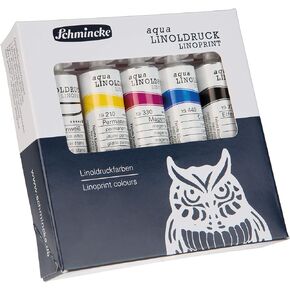 Schmincke - aqua-LINOLDRUCK, linoleum printing set with 5 x 20 ml tubes, 82 005 097, finest linoleum printing inks, sharp contours, even print, brilliant colors, best light fastness in Kuwait