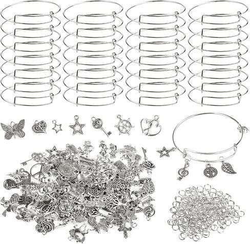 UPINS 30Pcs Silver Expandable Blank Bracelets Adjustable Wire Bangles with 100Pcs Tibetan Silver Charms, 200Pcs Open Jump Rings for Jewelry Making (Multicolor) in Kuwait