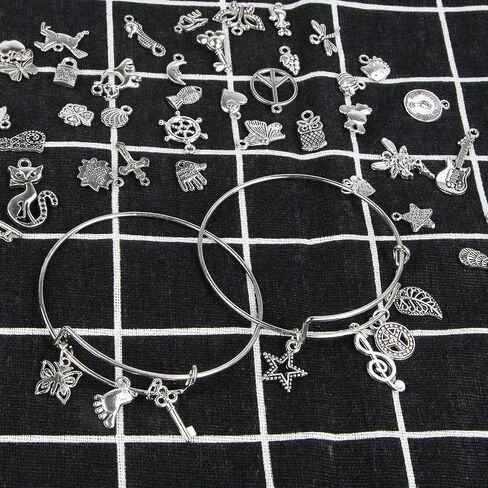 UPINS 30Pcs Silver Expandable Blank Bracelets Adjustable Wire Bangles with 100Pcs Tibetan Silver Charms, 200Pcs Open Jump Rings for Jewelry Making (Multicolor) in Kuwait