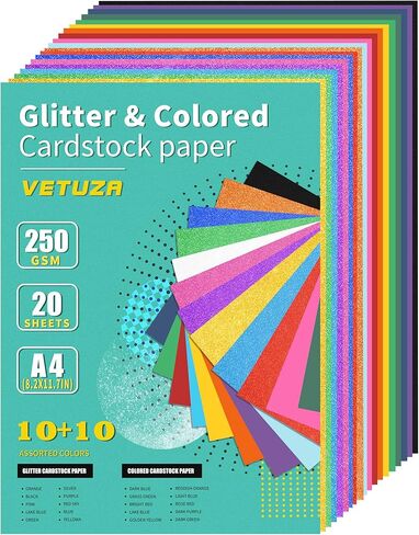 VETUZA 20 Sheets Glitter&Colored Cardstock Paper - 92lb./250GSM Cover, A4 Mixed Colored Craft Cardstock for School DIY Project, Birthday Card Making, Thanksgiving Gift Box Wrapping in Kuwait