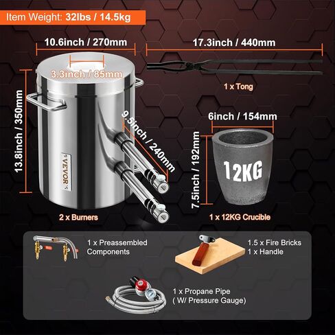 VEVOR Propane Melting Furnace Kit, 12KG Large Capacity Foundry Home Kilns, Blacksmithing Forge with Crucible & Tongs Kiln, Stainless Steel Smelter, for Metal Scrap Recycle, Gold Copper Silver Casting in Saudi Arabia