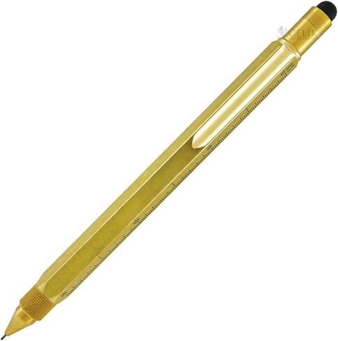 MONTEVERDE USA 9-in-1 Tool Mechanical Pencil in Brass – Hand-Machined Multifunctional Pencil with Stylus, Screwdrivers, Ruler, and Eraser – Exclusive Collection Ideal Gift for Engineers in Saudi Arabia