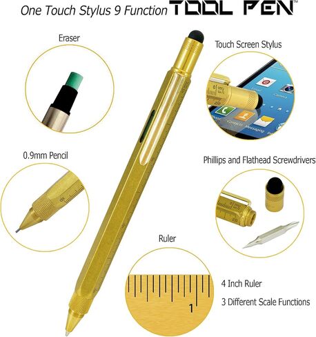 MONTEVERDE USA 9-in-1 Tool Mechanical Pencil in Brass – Hand-Machined Multifunctional Pencil with Stylus, Screwdrivers, Ruler, and Eraser – Exclusive Collection Ideal Gift for Engineers in Saudi Arabia