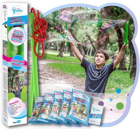 WOWmazing Giant Bubble Wands Kit: (4-Piece Set) | Incl. Wand, Big Bubble Concentrate and Tips & Trick Booklet | Outdoor Toy for Kids, Boys, Girls | Bubbles Made in The USA in Kuwait