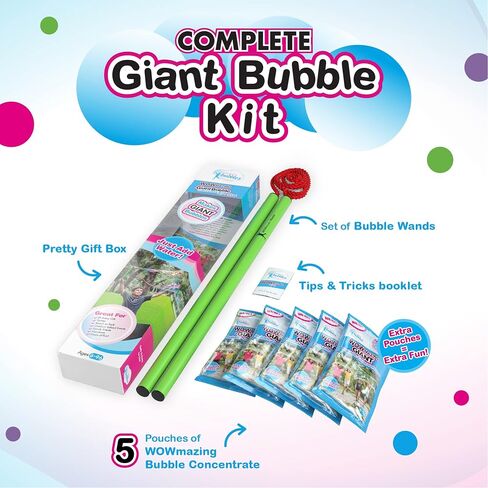 WOWmazing Giant Bubble Wands Kit: (4-Piece Set) | Incl. Wand, Big Bubble Concentrate and Tips & Trick Booklet | Outdoor Toy for Kids, Boys, Girls | Bubbles Made in The USA in Kuwait