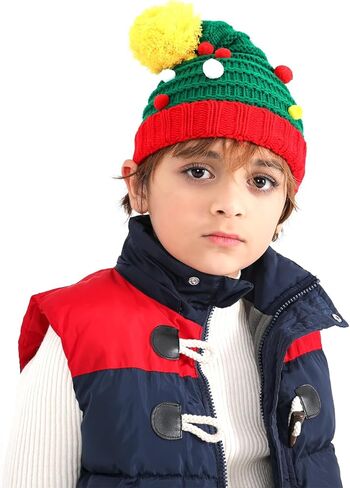 Ouksma قبعة عيد الميلاد للأطفال قبعة قزم مع آذان محبوك قبعة مع بوم بوم عيد الميلاد سانتا قبعة مخططة قبعة عيد الميلاد in Kuwait