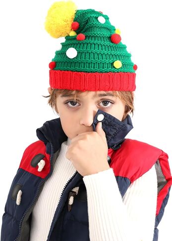 Ouksma قبعة عيد الميلاد للأطفال قبعة قزم مع آذان محبوك قبعة مع بوم بوم عيد الميلاد سانتا قبعة مخططة قبعة عيد الميلاد in Kuwait