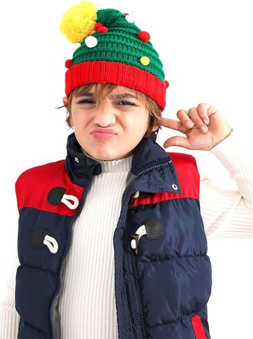 Ouksma قبعة عيد الميلاد للأطفال قبعة قزم مع آذان محبوك قبعة مع بوم بوم عيد الميلاد سانتا قبعة مخططة قبعة عيد الميلاد in Kuwait