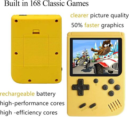 وحدة تحكم ألعاب محمولة للأطفال والكبار - وحدات تحكم ألعاب فيديو قديمة بشاشة 3 بوصة و168 لعبة كلاسيكية ومشغل ألعاب 8 بت مع كابل AV يمكن تشغيلها على التلفزيون (أصفر) in Kuwait