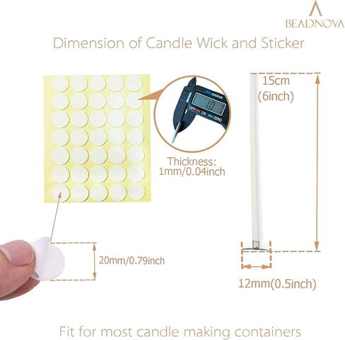 BEADNOVA Candle Cotton Wicks 4 Inch 50pcs with Stickers Short Candle Making Wicks and Double Sided Stickers for Making DIY in Kuwait