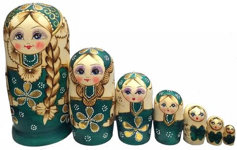 مونمو 7 قطع من دمى التعشيش الروسية الخشبية الجميلة المصنوعة يدويا هدية دمى التعشيش الروسية الخضراء الرسم ماتريوشكا التقليدية. in Kuwait