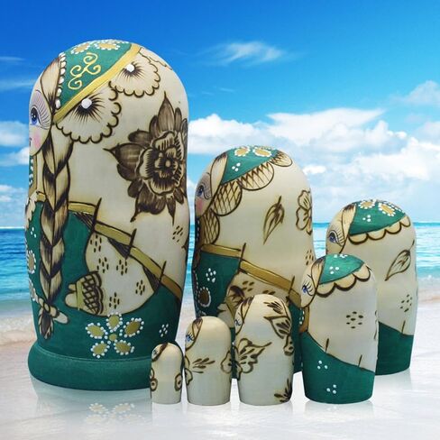 مونمو 7 قطع من دمى التعشيش الروسية الخشبية الجميلة المصنوعة يدويا هدية دمى التعشيش الروسية الخضراء الرسم ماتريوشكا التقليدية. in Kuwait