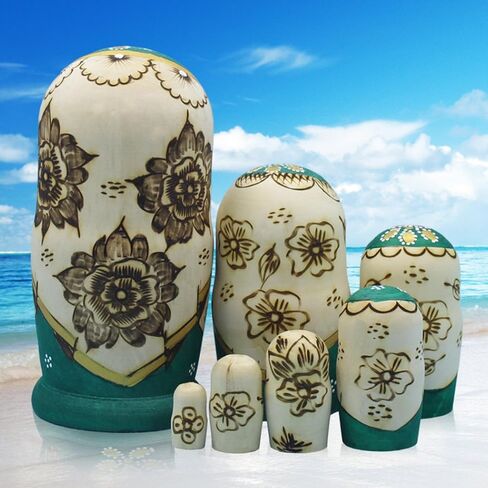 مونمو 7 قطع من دمى التعشيش الروسية الخشبية الجميلة المصنوعة يدويا هدية دمى التعشيش الروسية الخضراء الرسم ماتريوشكا التقليدية. in Kuwait